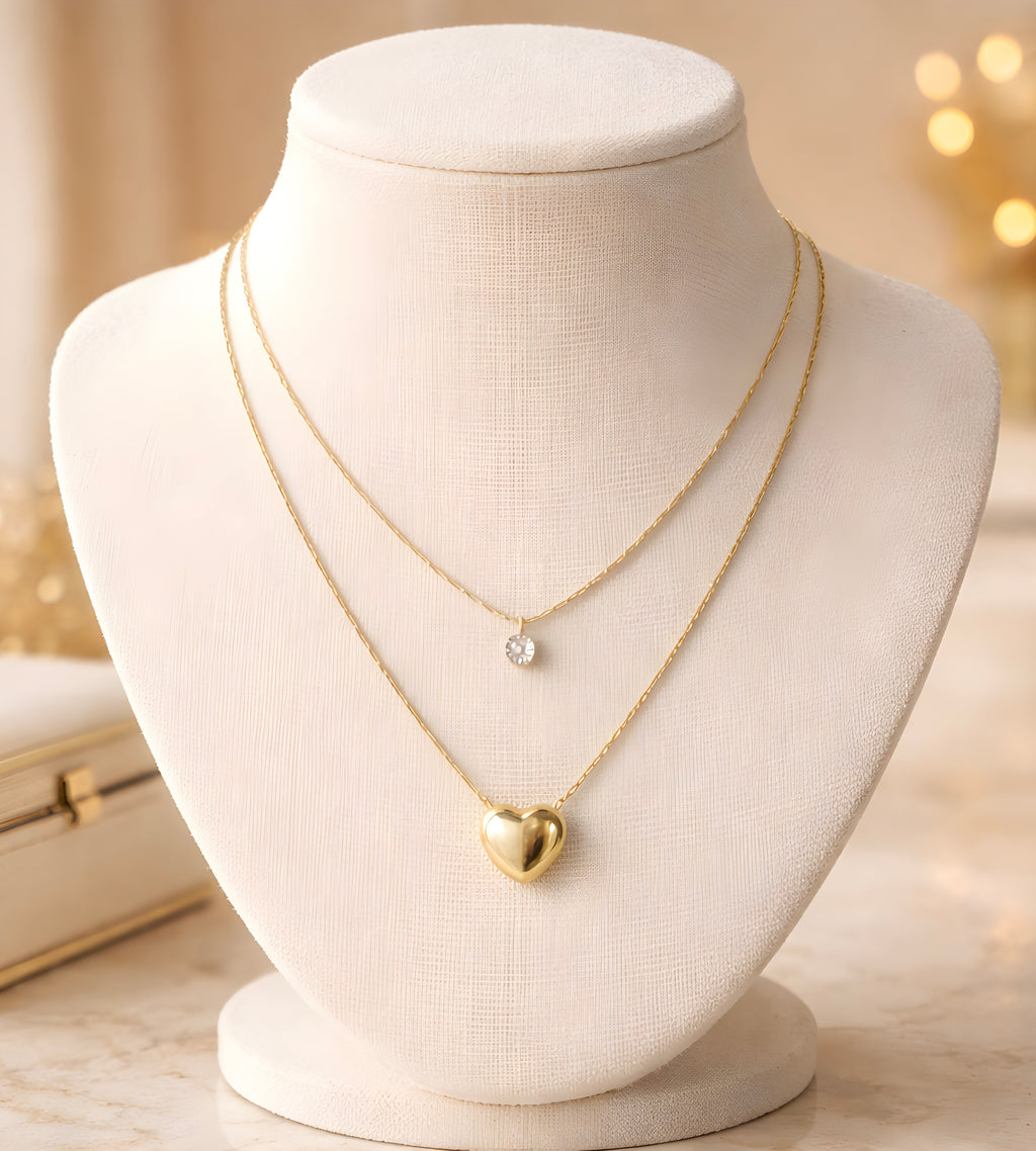 Gold-plated ,heart shaped ,double chain pendant necklace