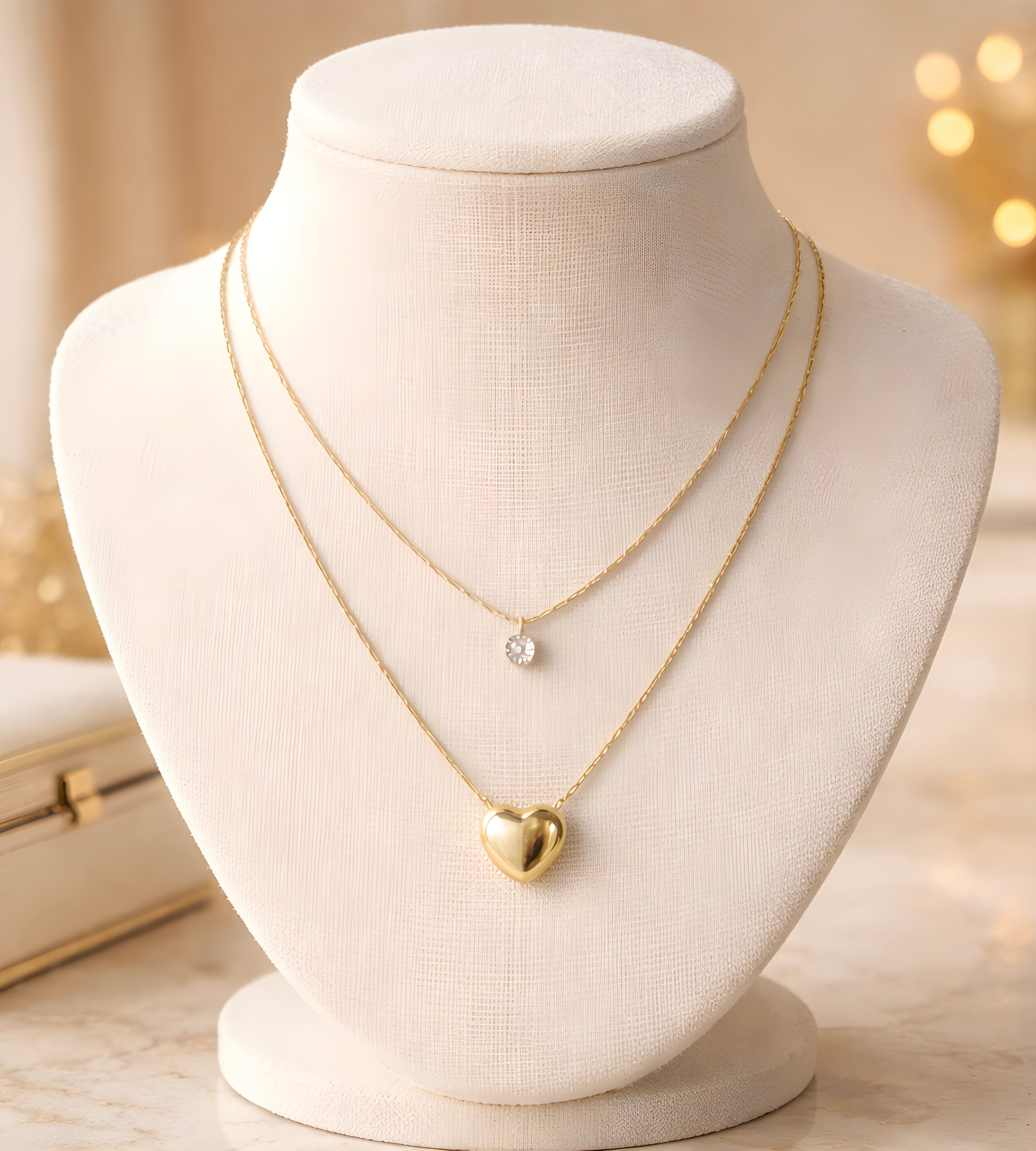 Gold-plated ,heart shaped ,double chain pendant necklace
