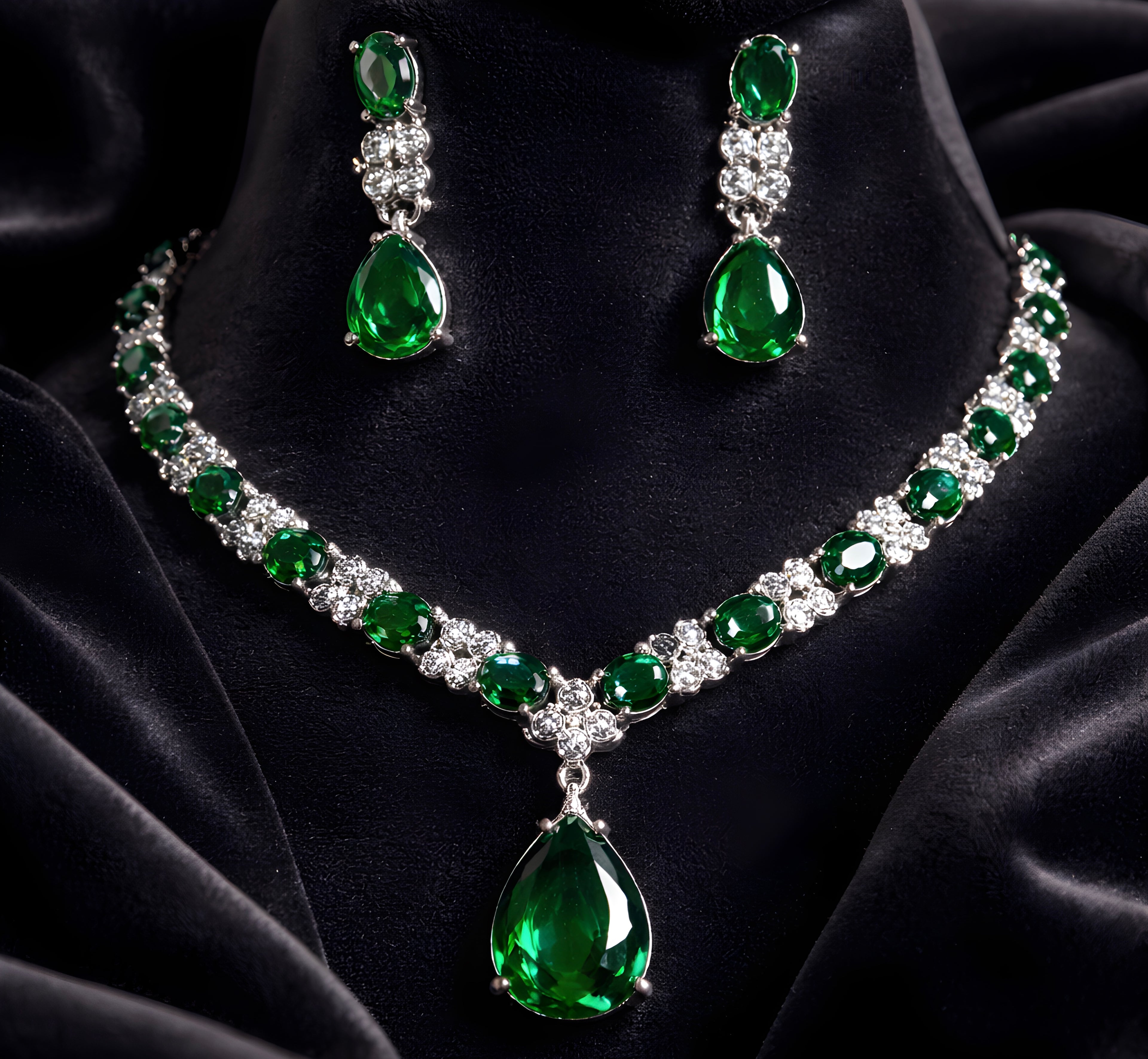 Cocktail Glam Emerald Green White Crystal Necklace Set