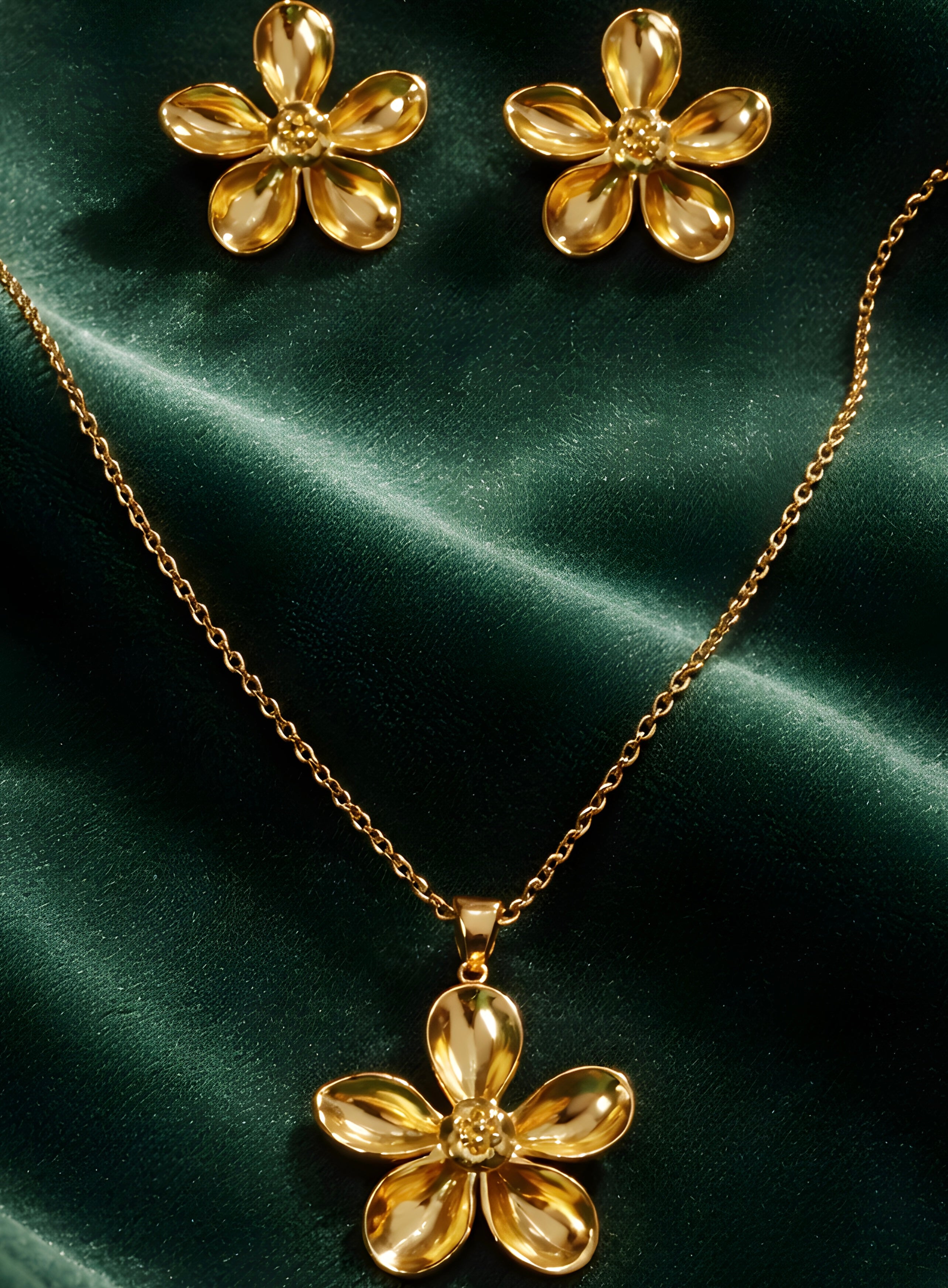 Flower-shaped pendant and matching earrings, stainless steel
