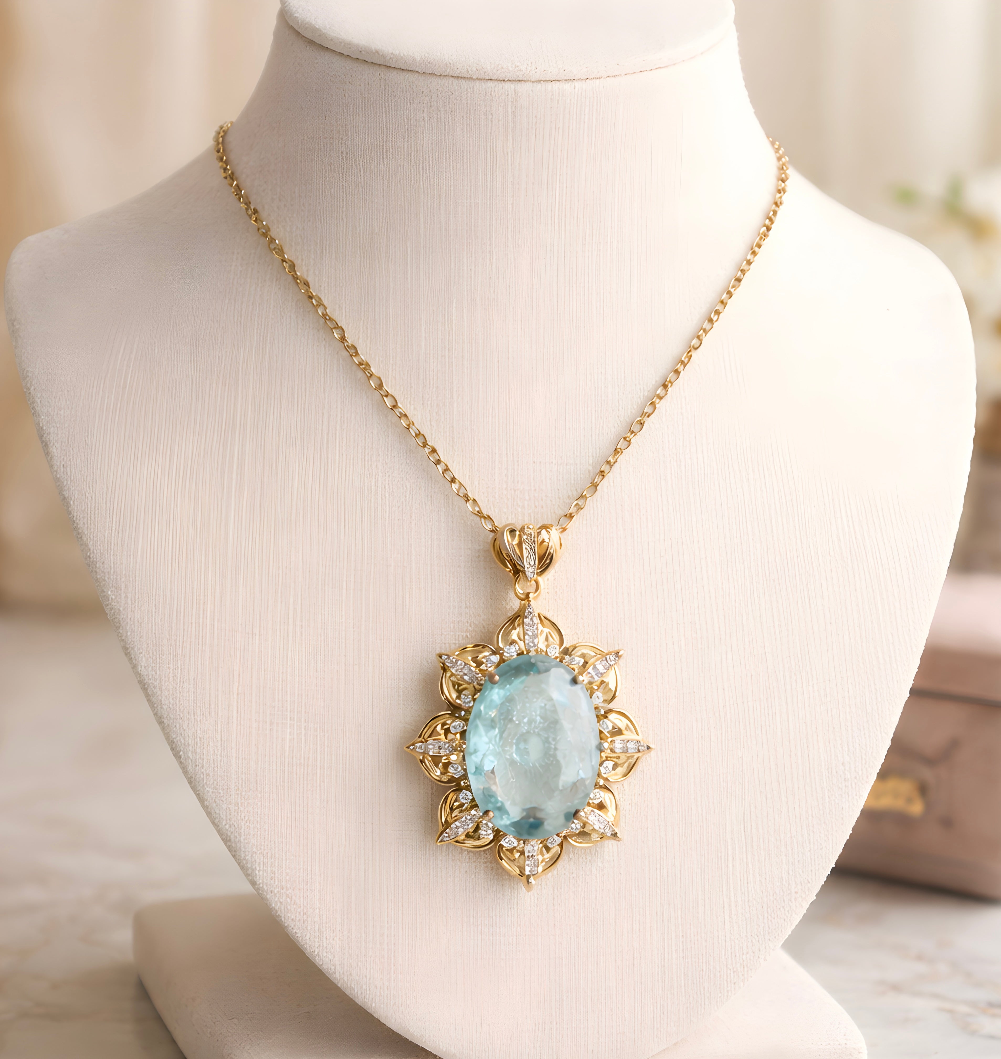 Aquamarine and diamond halo pendant necklace