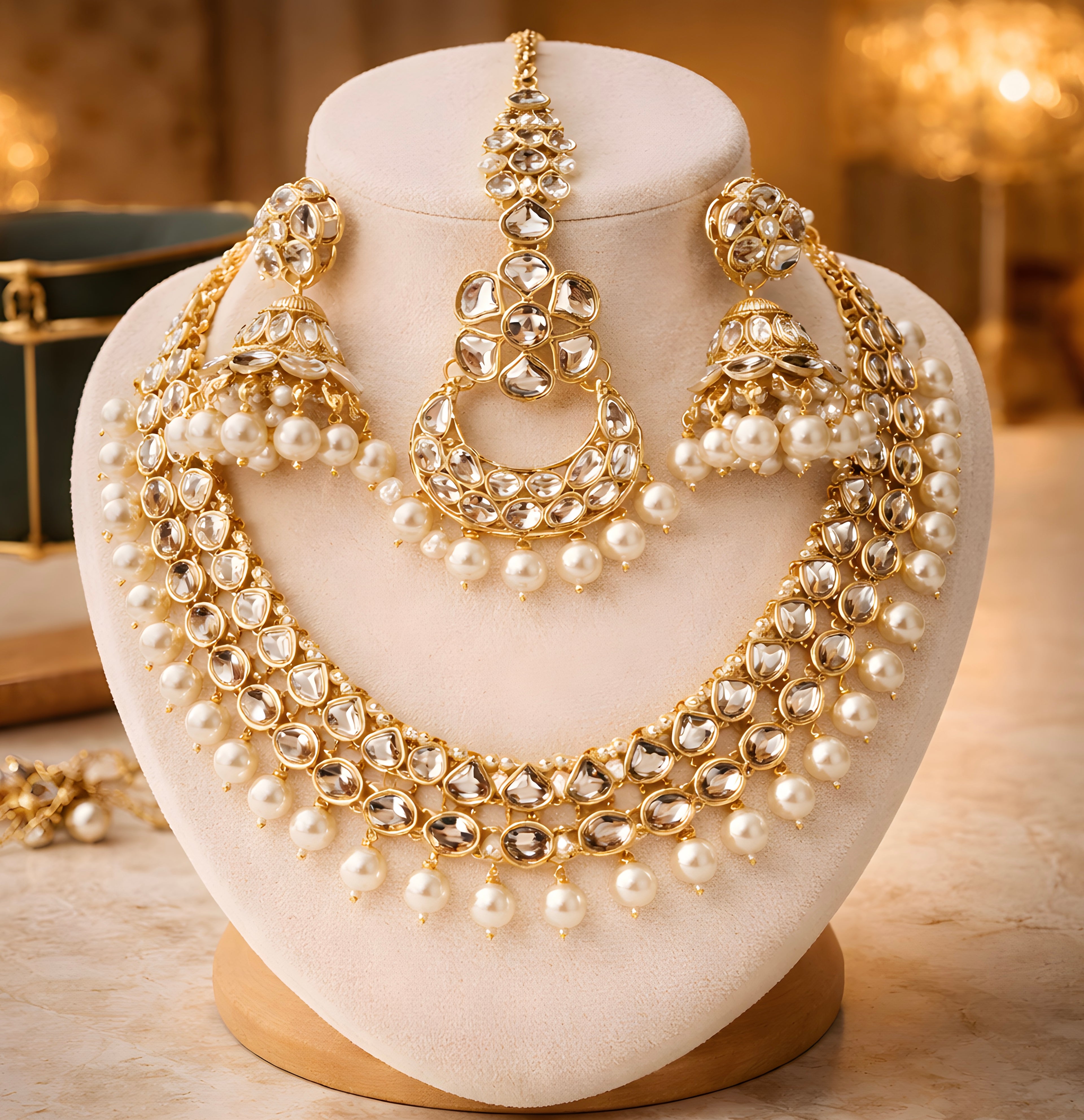 Traditional Indian gold-plated kundan and pearl jewellery set