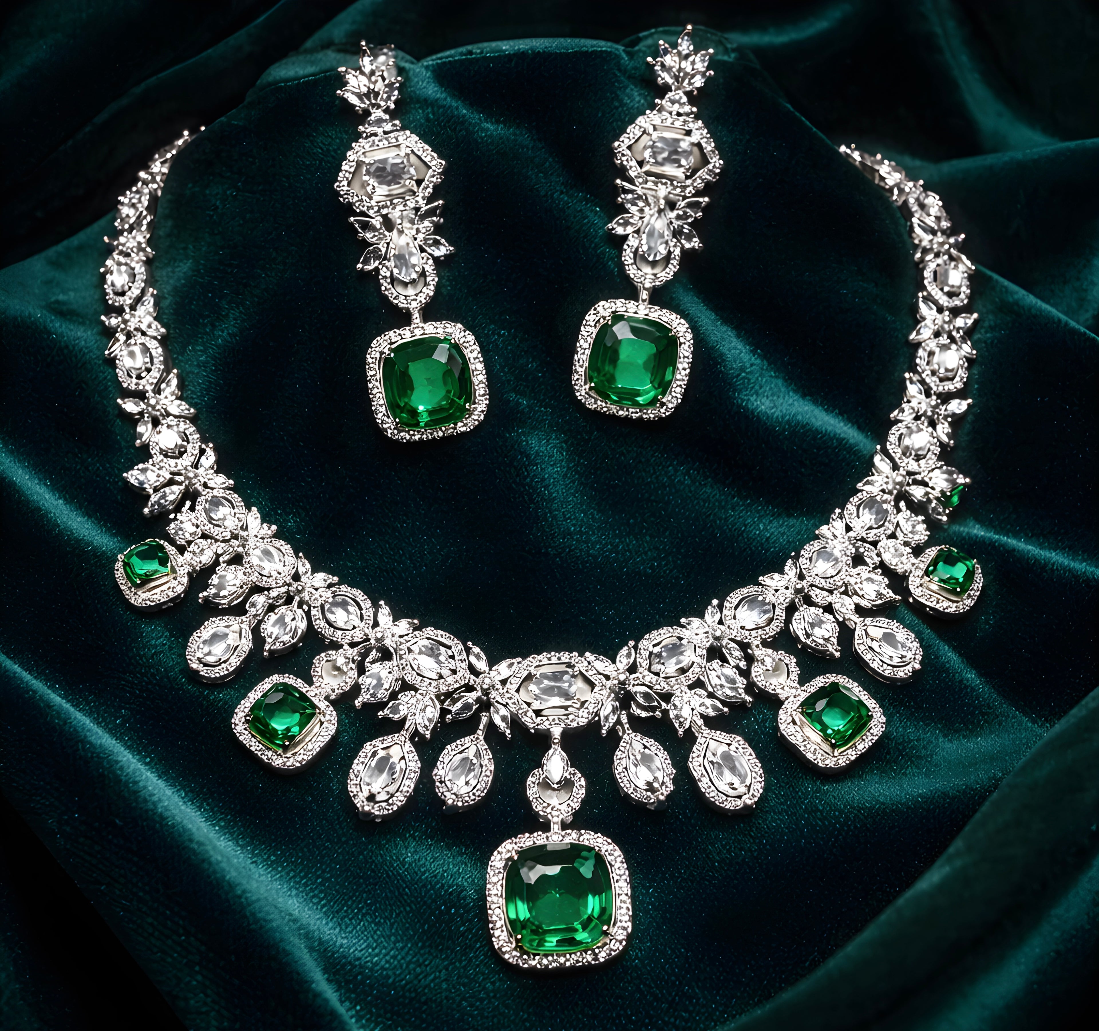 Elegant emerald and diamond-style necklace and earring set