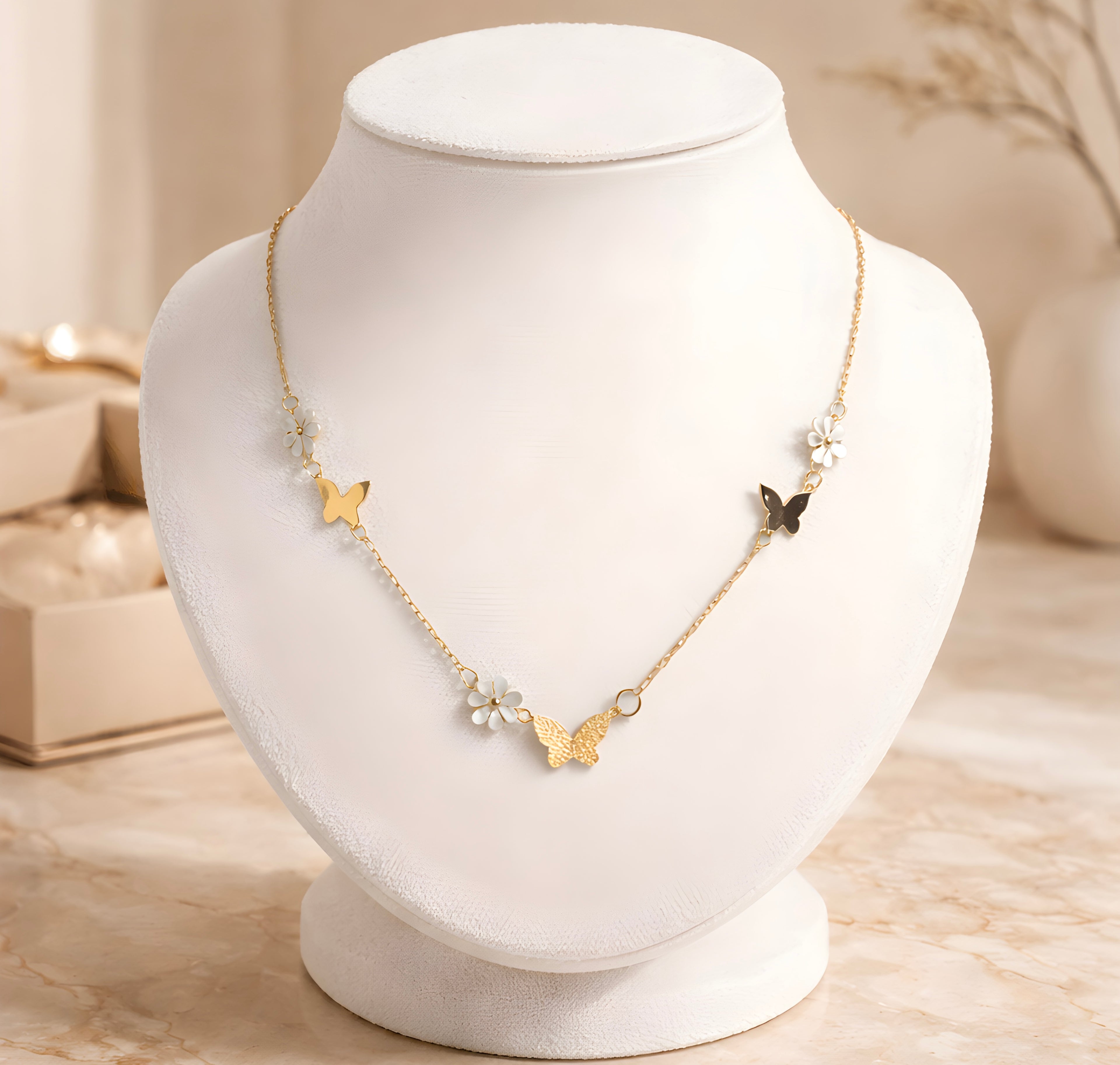 Gold-plated butterfly and floral pendant necklace
