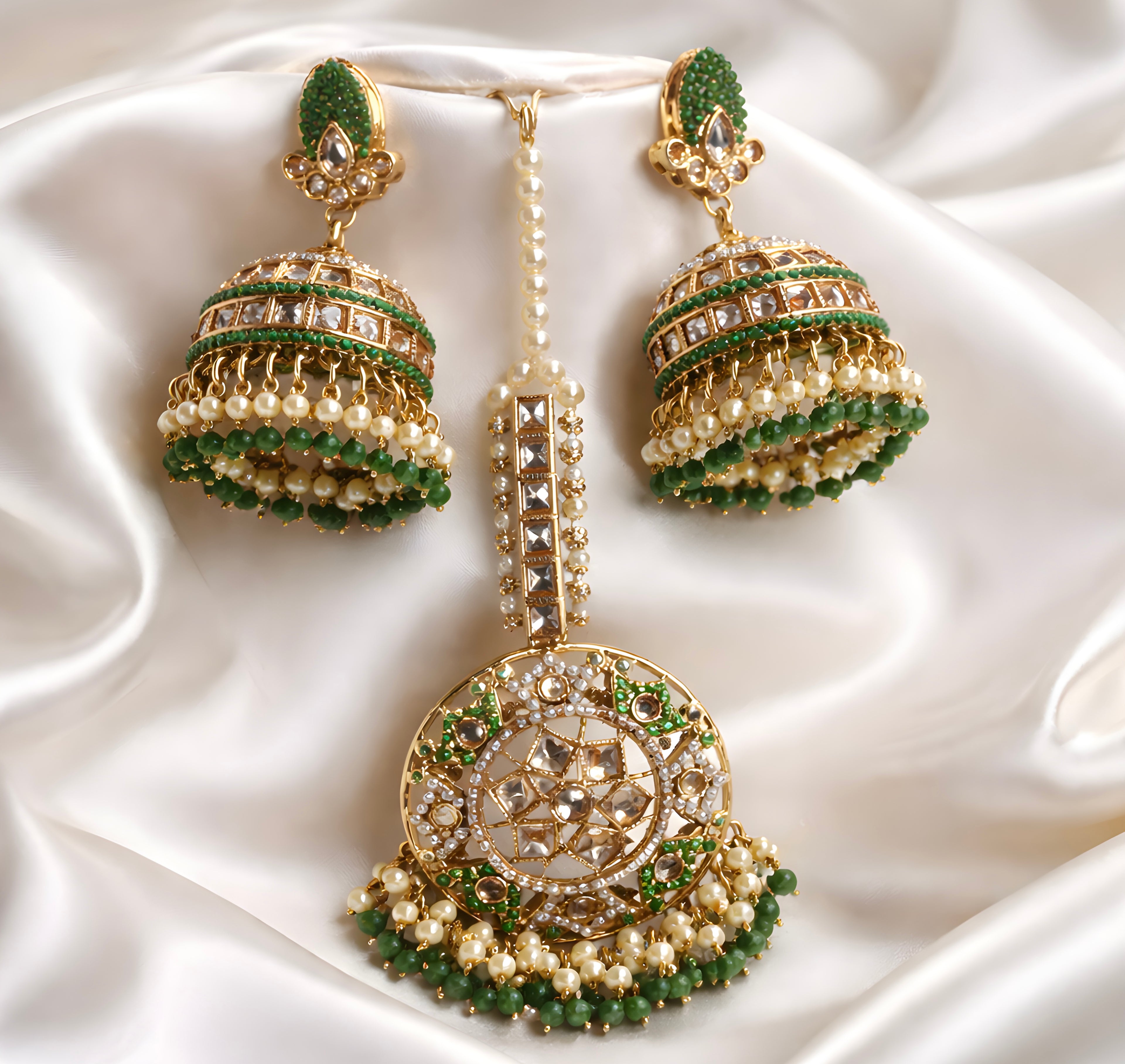 Green kundan earrings tikka set