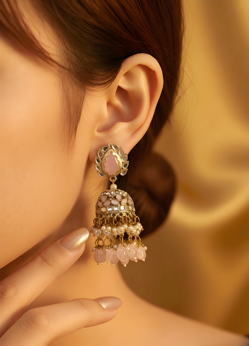 Pink kundan jhumka earrings