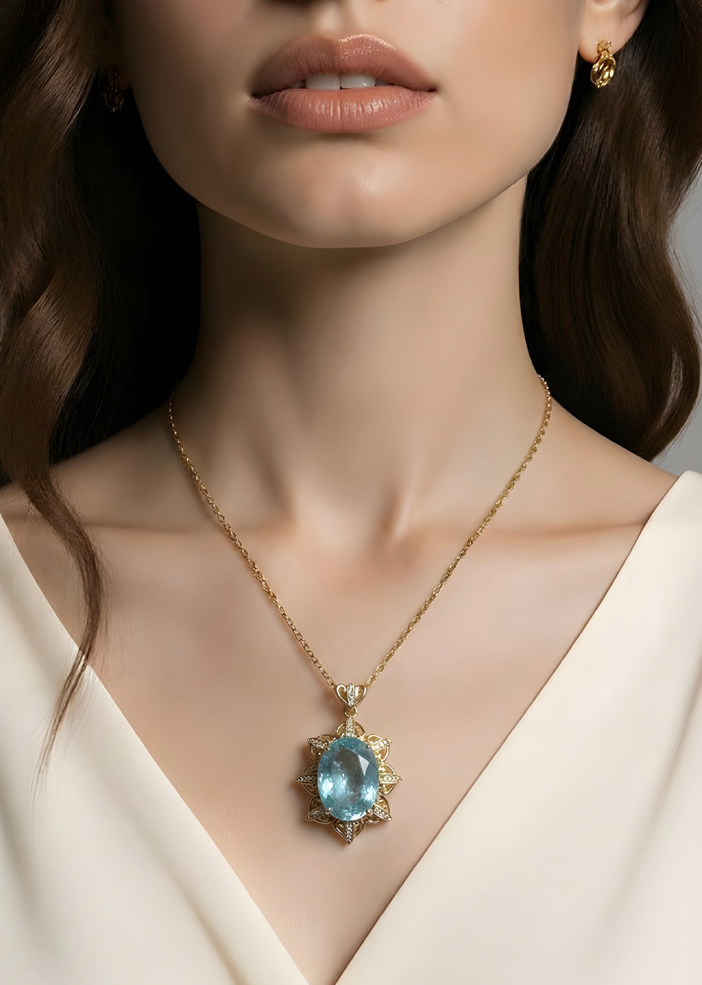 Aquamarine and diamond halo pendant necklace