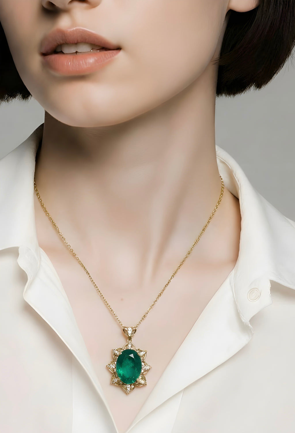 Emerald and diamond floral halo pendant necklace