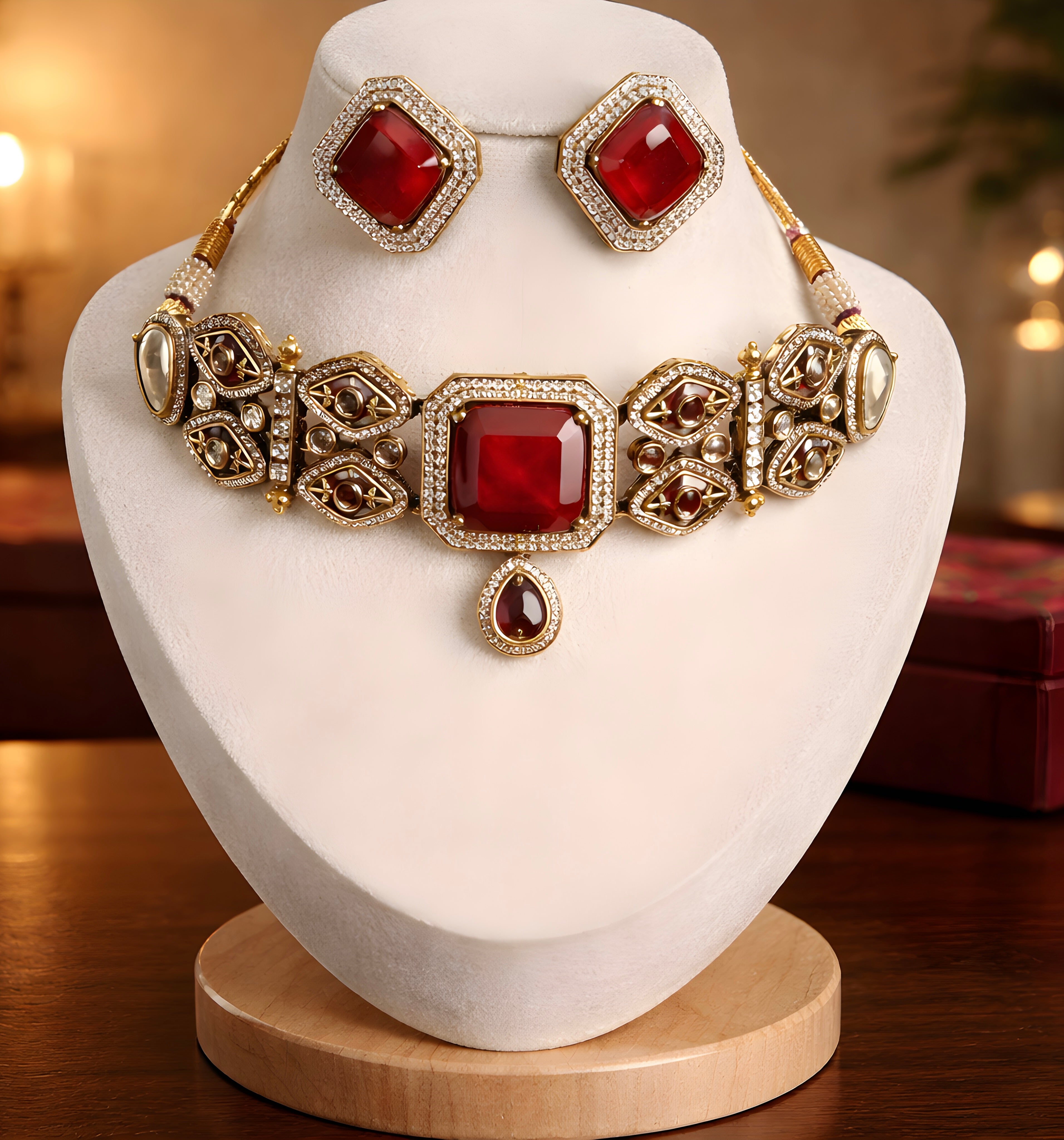 Classic Ruby Red Stone Gold Plated Polki Choker Necklace Set