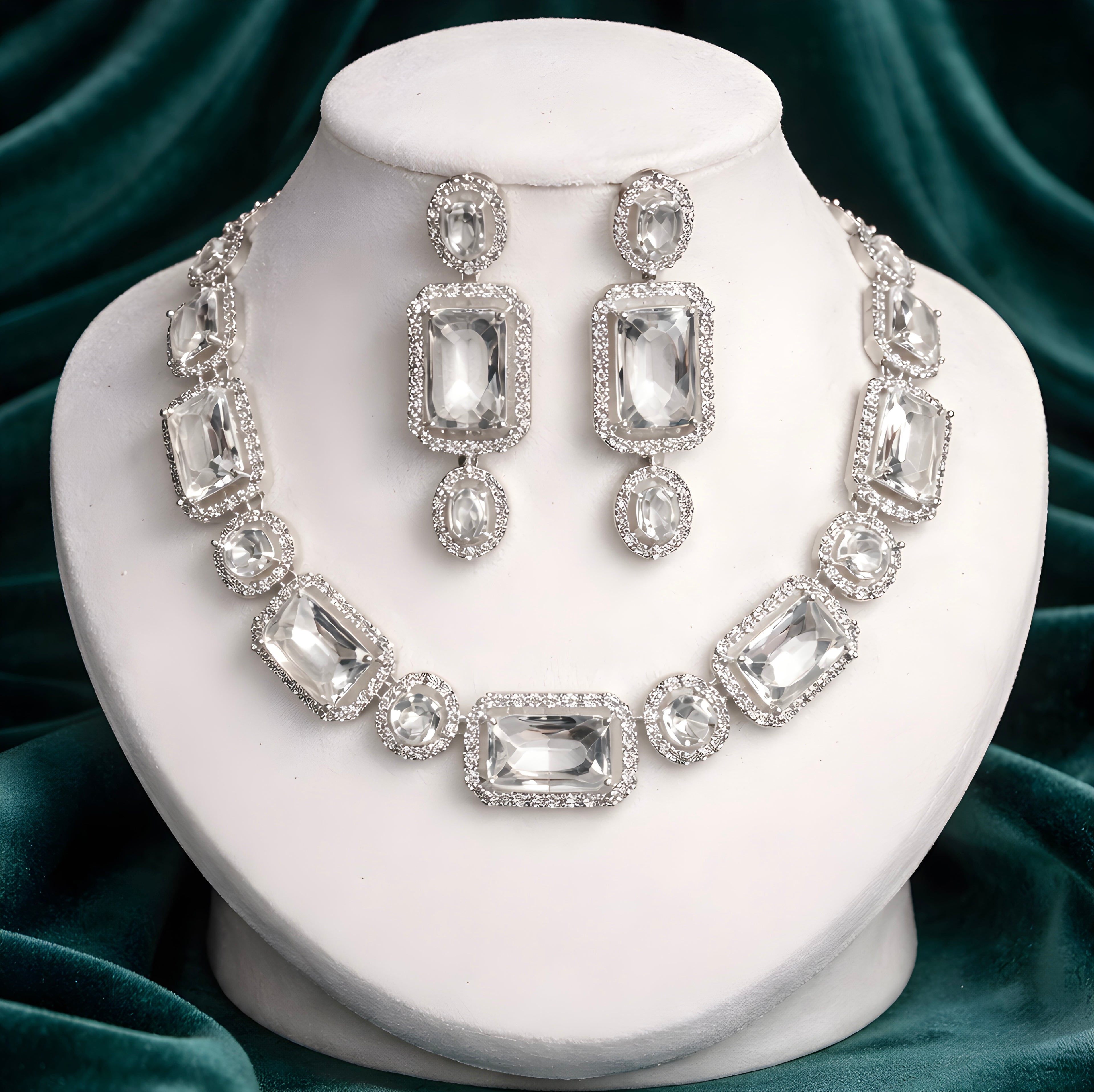Silver-plated American Diamond (AD) necklace and earring set.