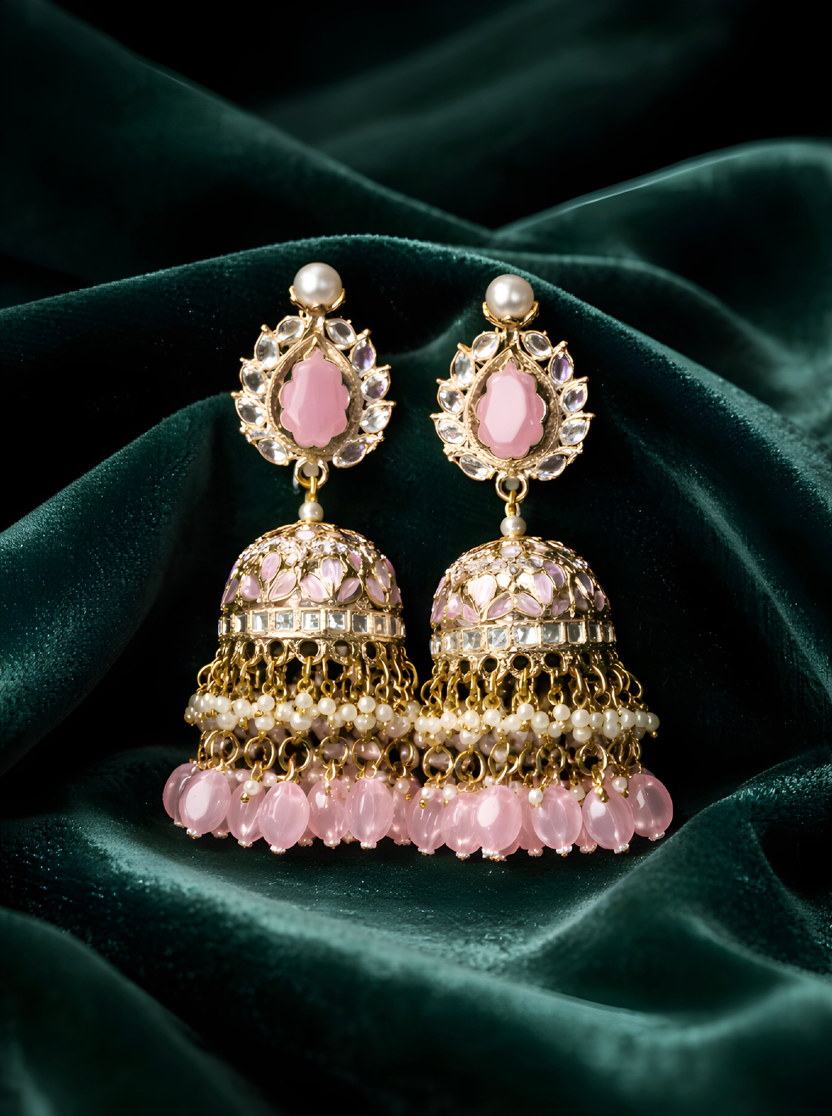Pink kundan jhumka earrings