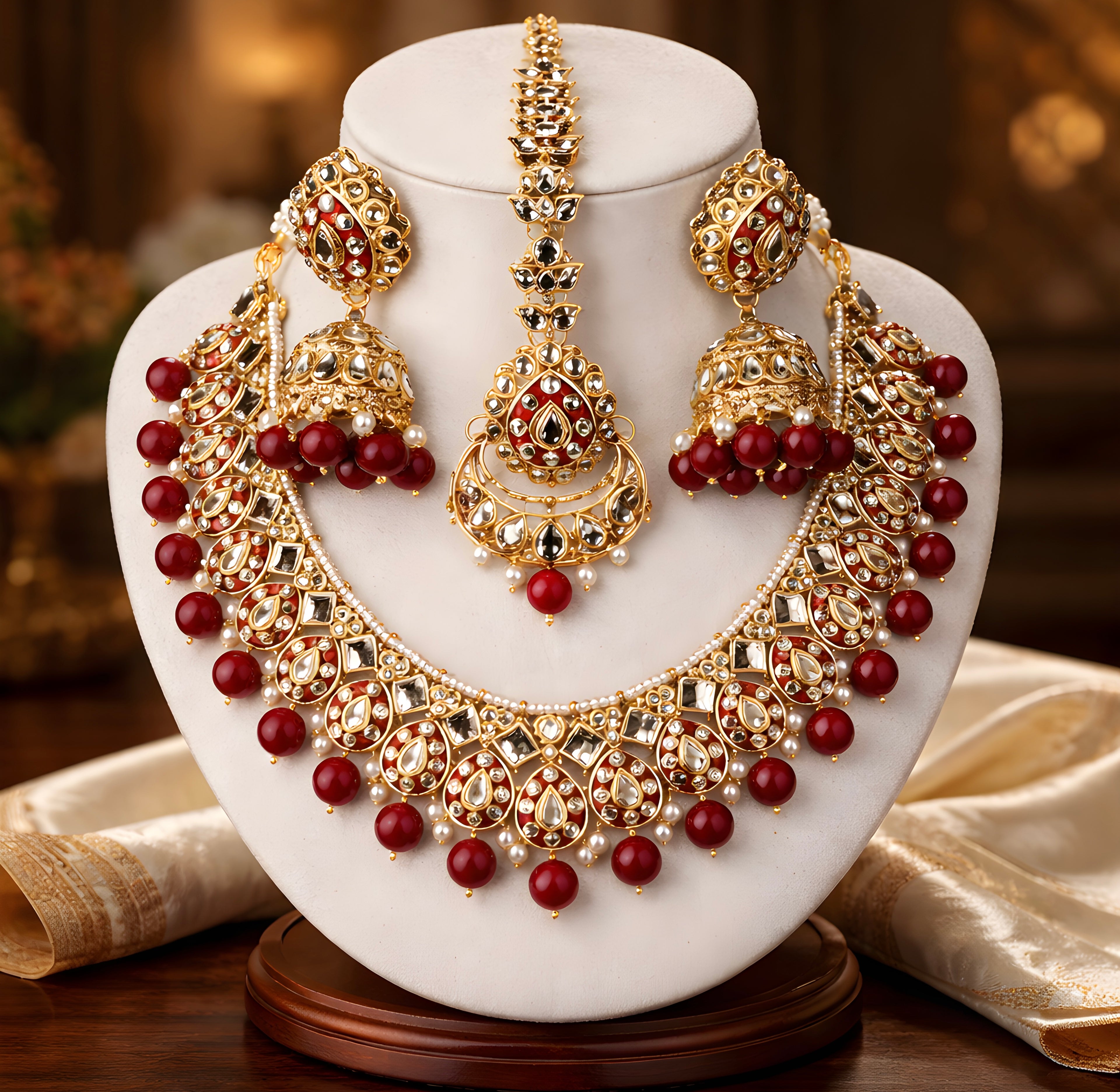 Maroon Red Antique polki kundan Necklace set