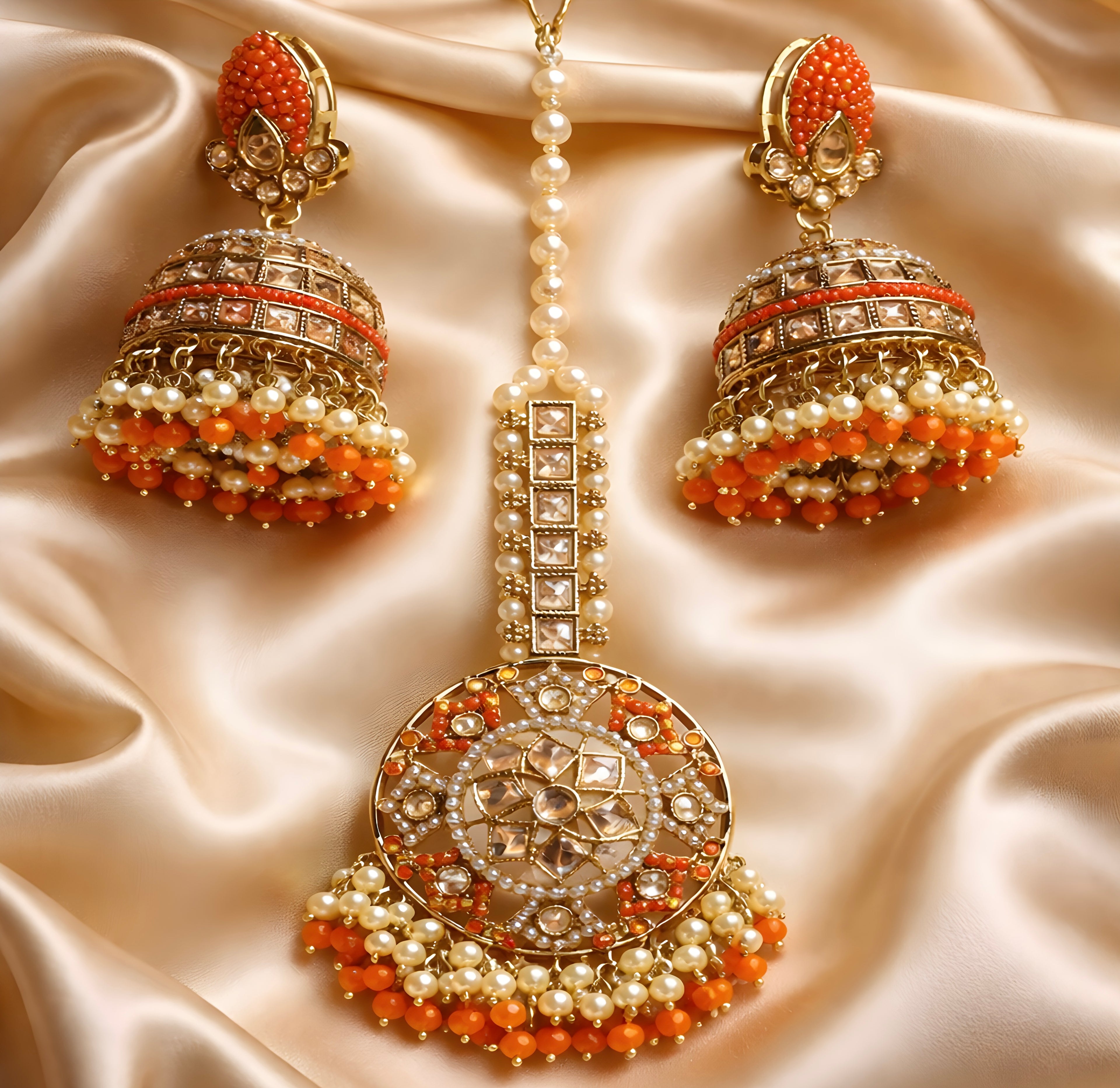 Orange kundan earrings tikka set