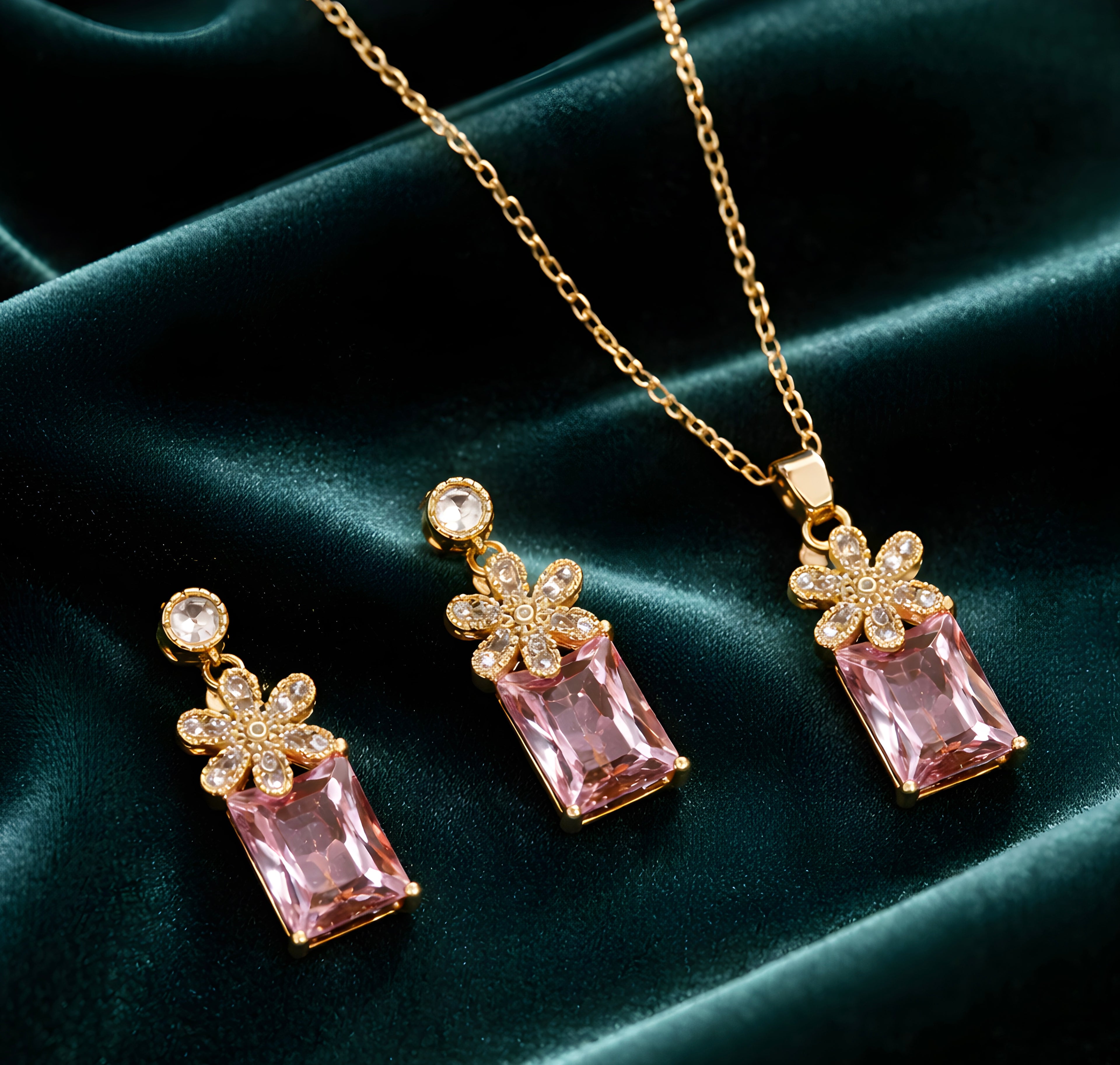 Pink emerald gold plated pendant set