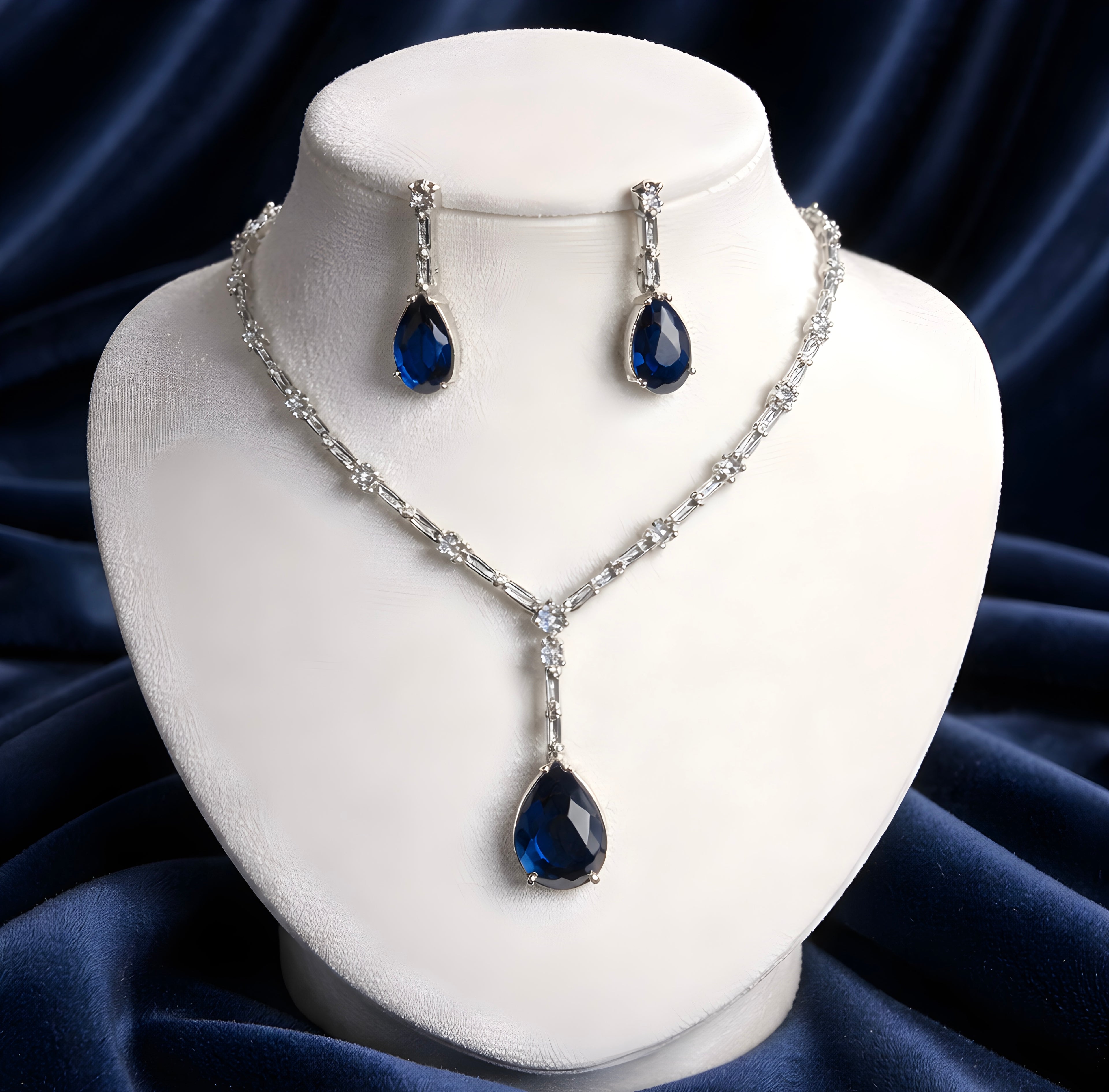 Silver-Plated Blue American Diamond-Studded Jewellery Set