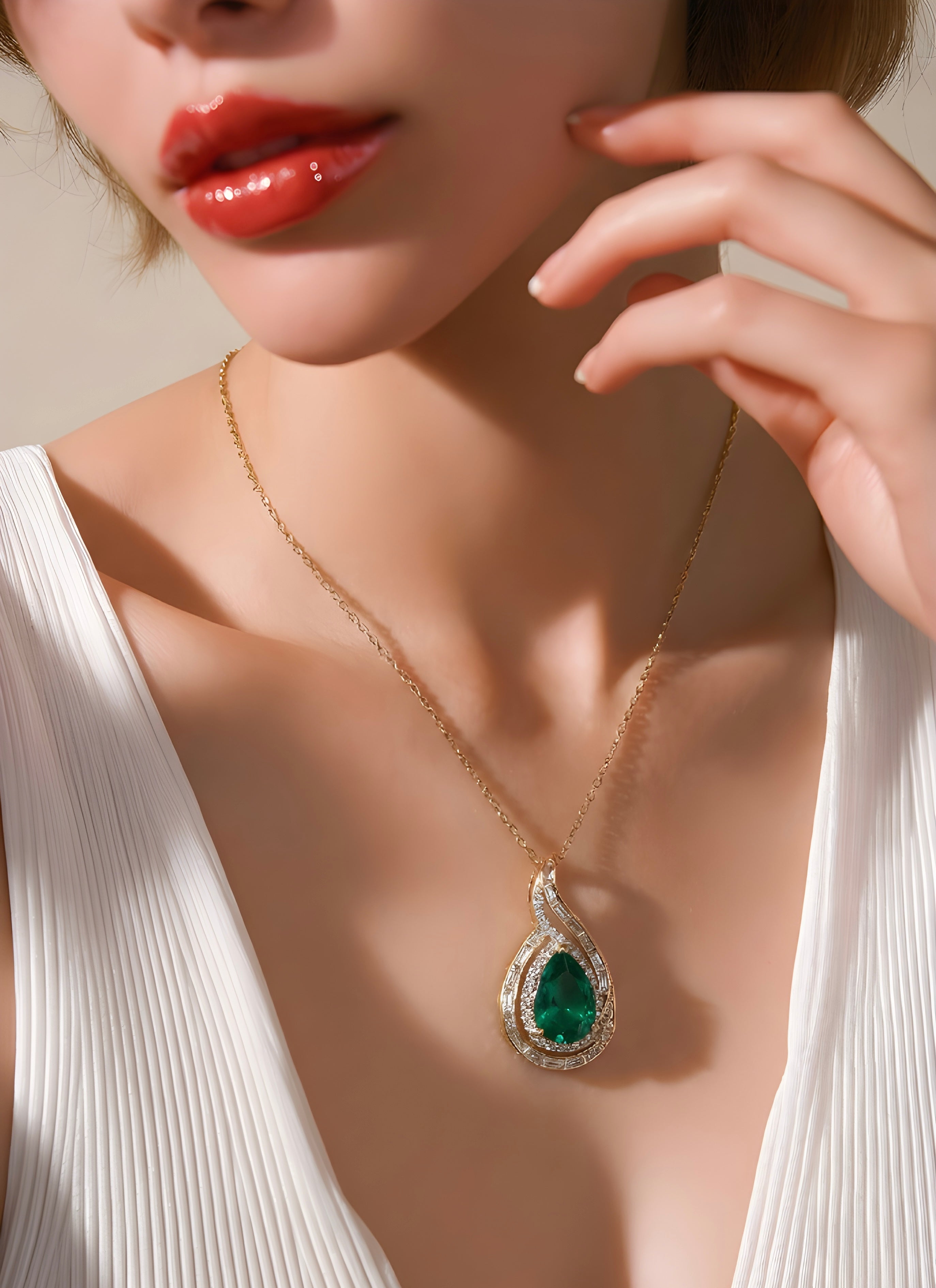Pear-shaped green gemstone pendant necklace