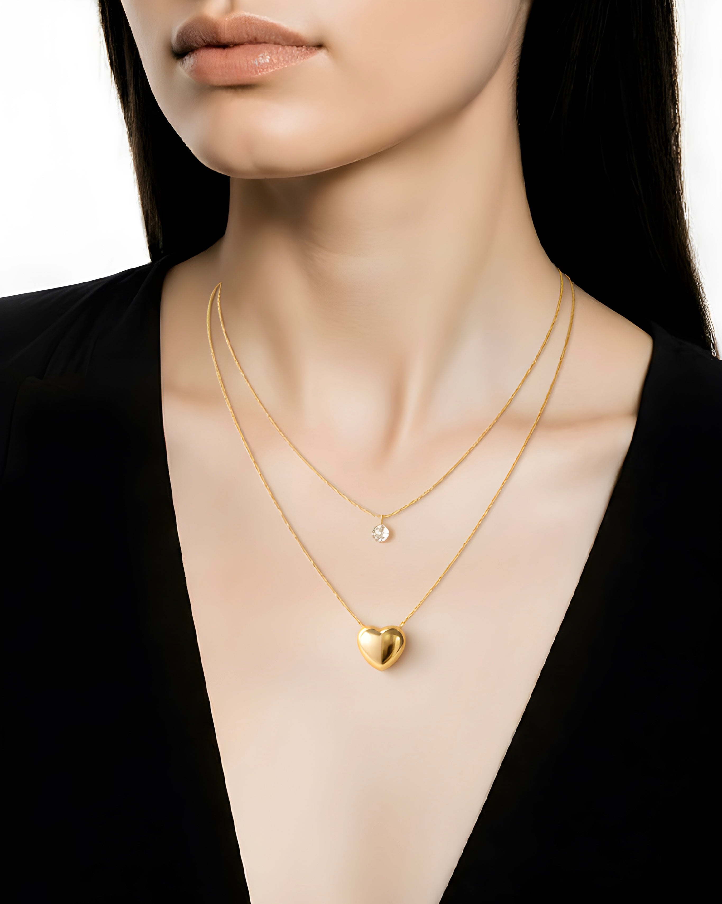 Gold-plated ,heart shaped ,double chain pendant necklace