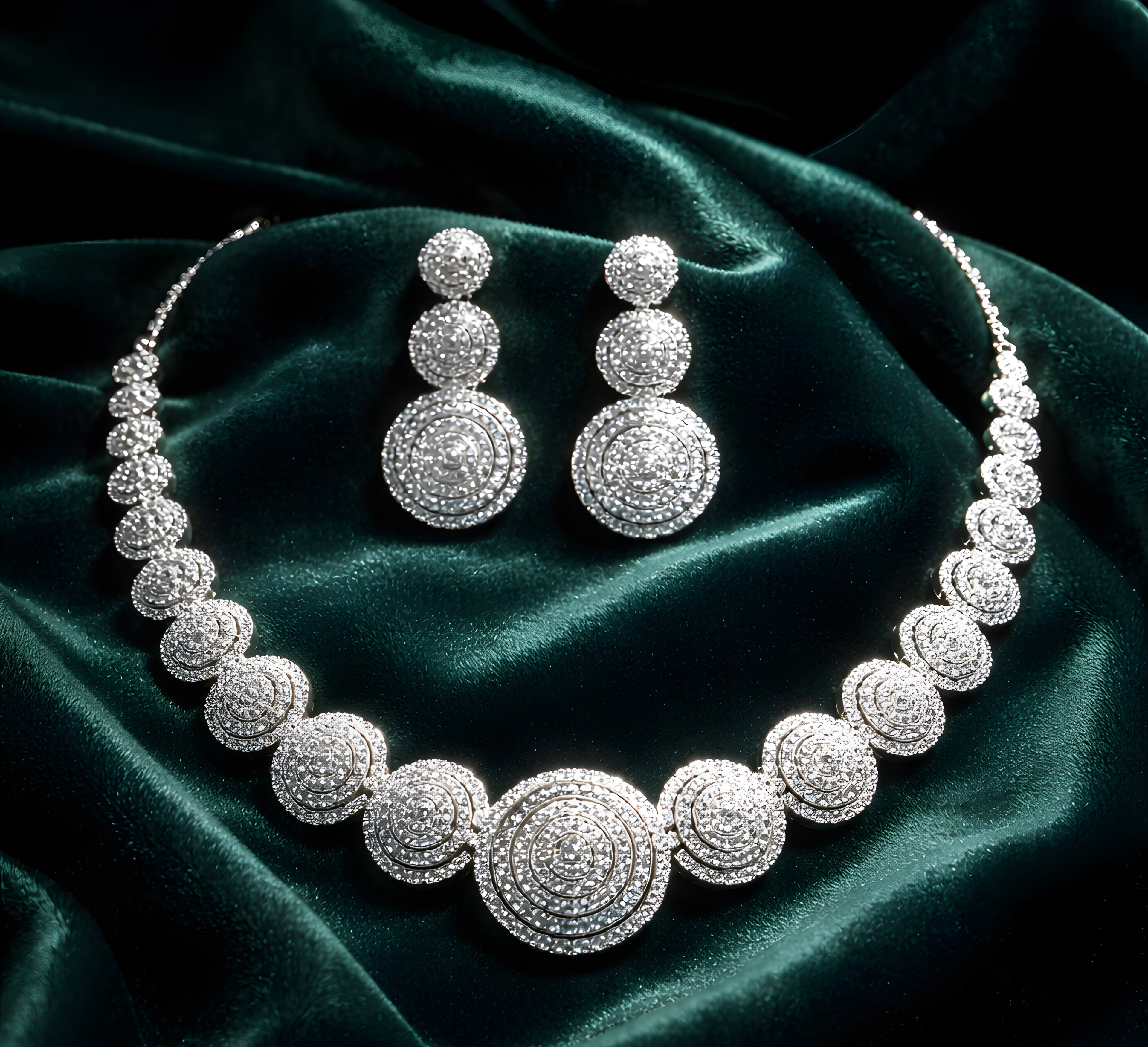Rhodium-plated American diamond (cubic zirconia) necklace and earring set