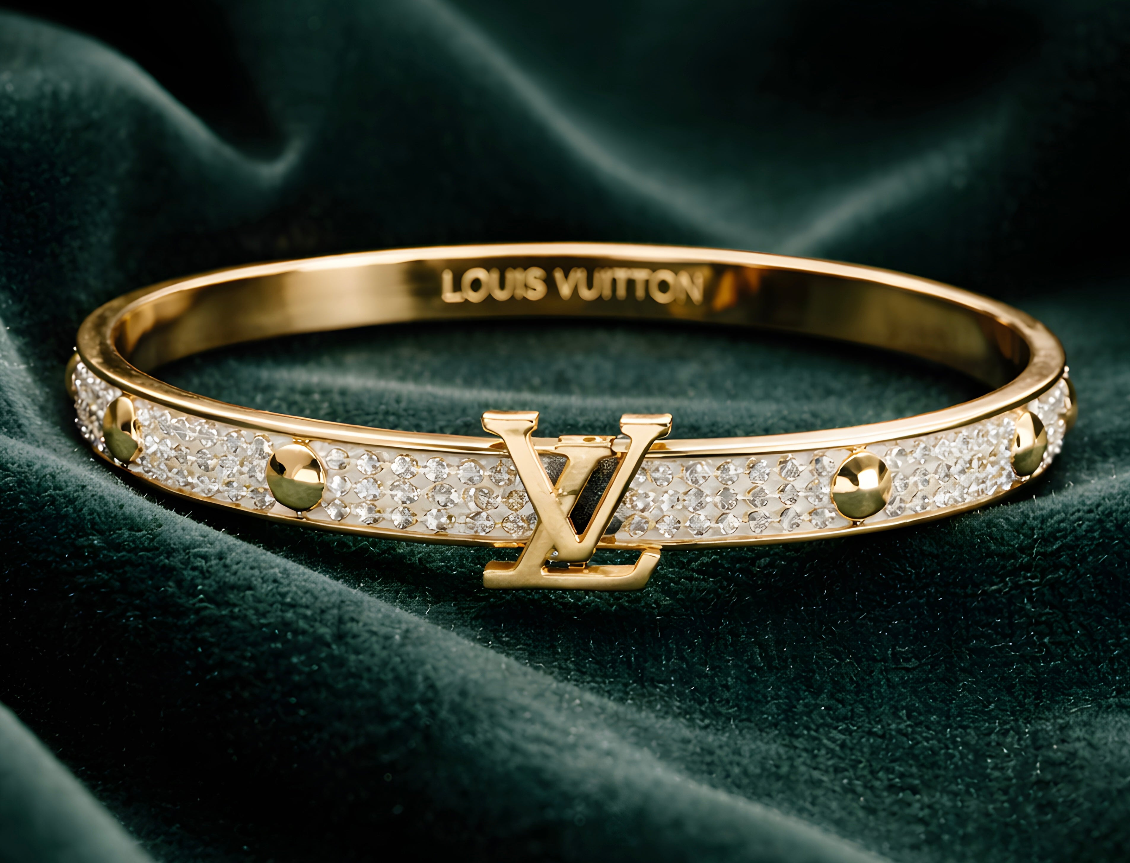 Gold Louis Vuitton stainless steel bracelet on a dark green fabric background