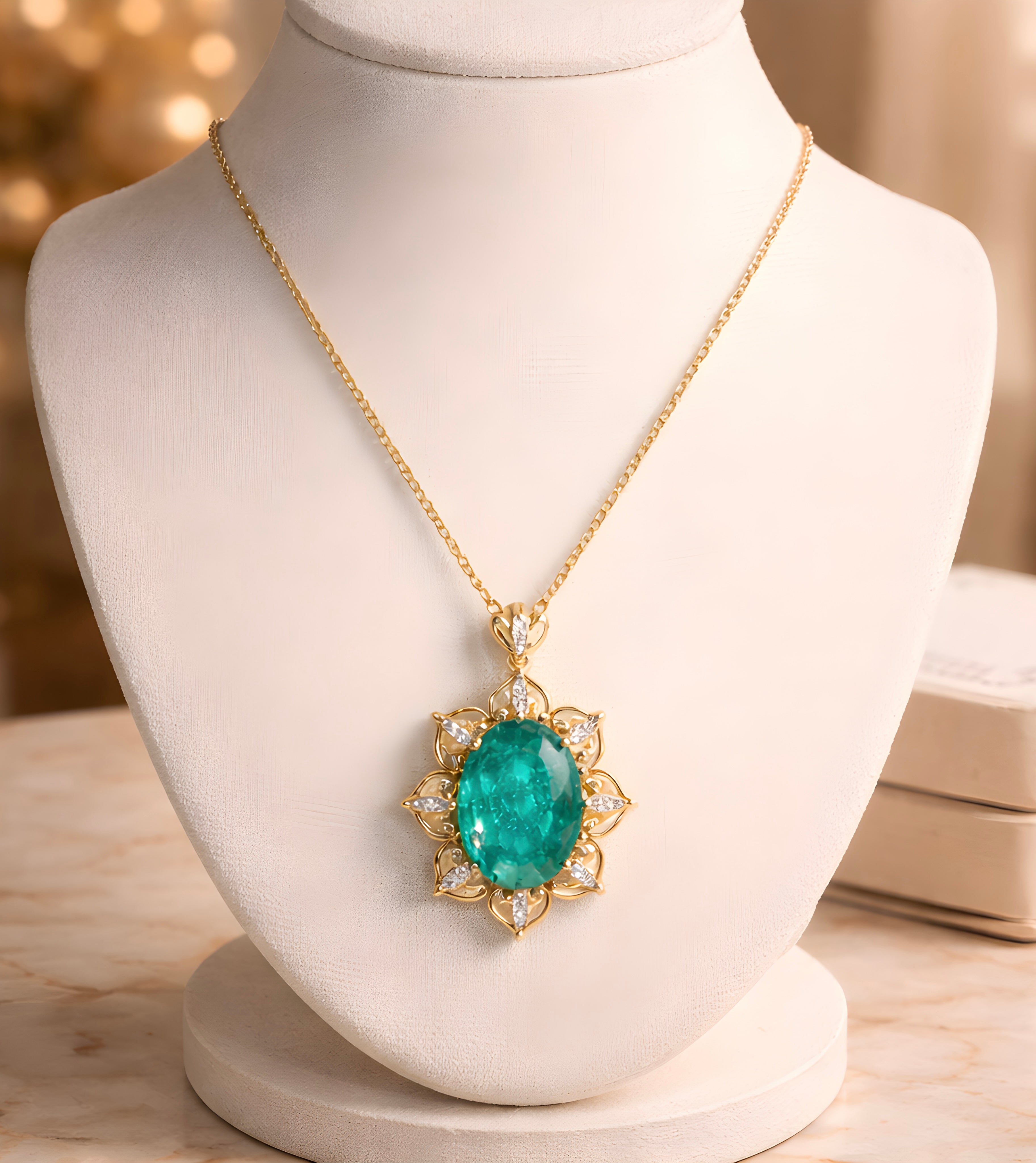 Emerald and diamond floral halo pendant necklace