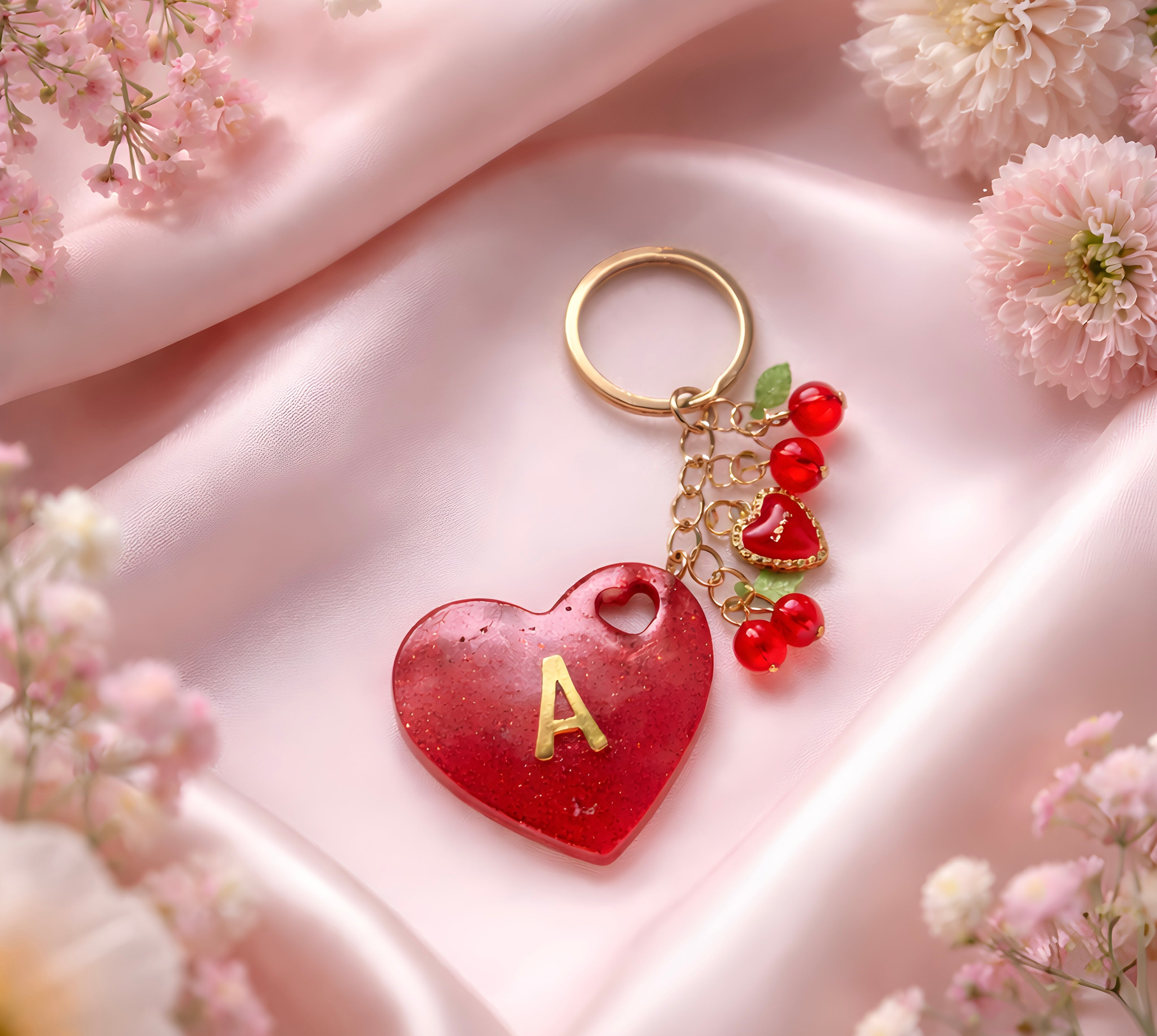 Personalized custom handmade resin heart-shaped keychain and gold-tone letter "A"