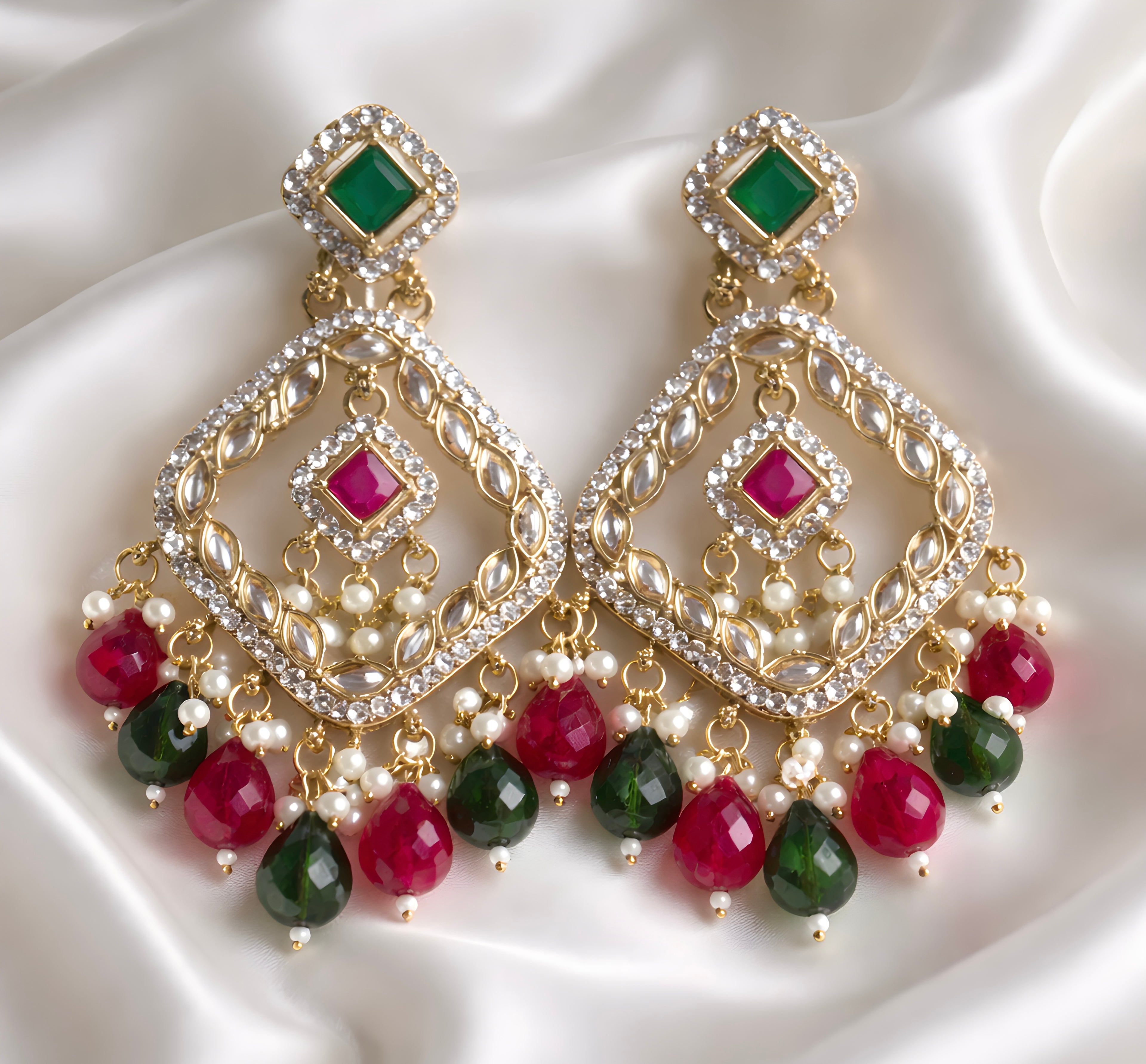 Green and ruby colour kundan earrings