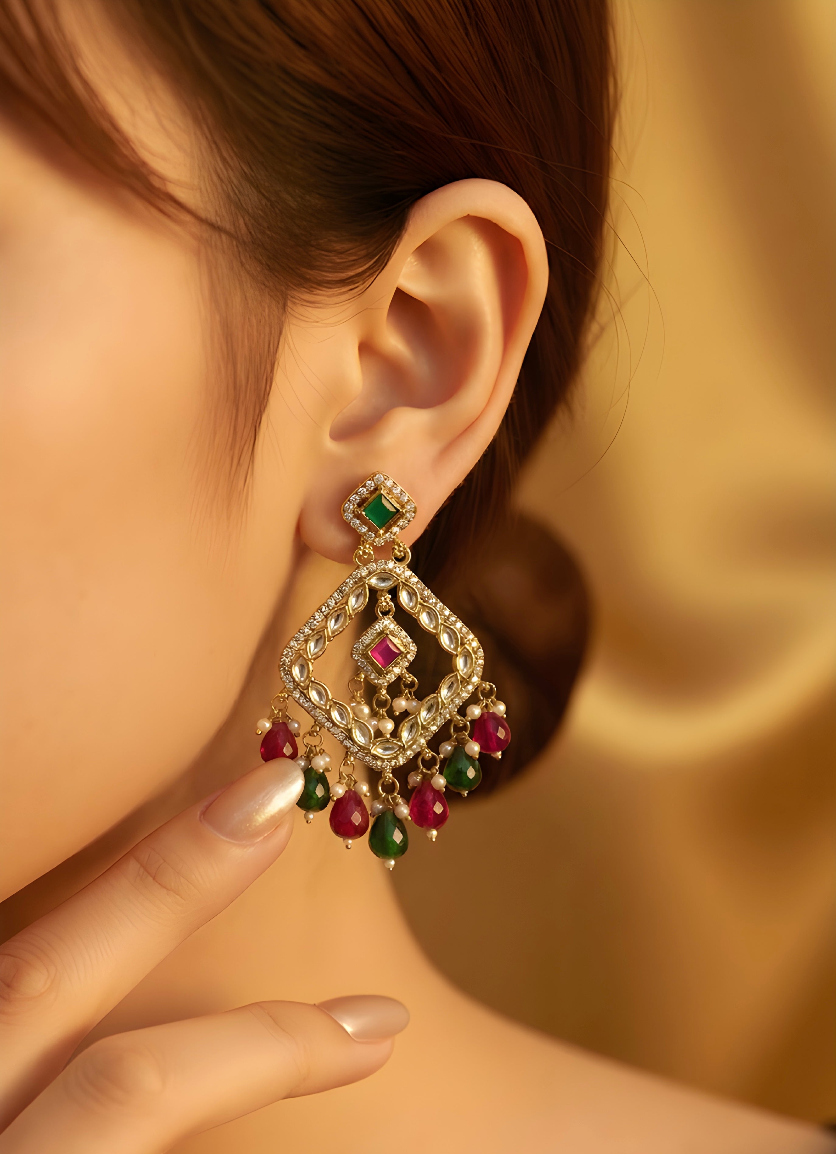 Green and ruby colour kundan earrings