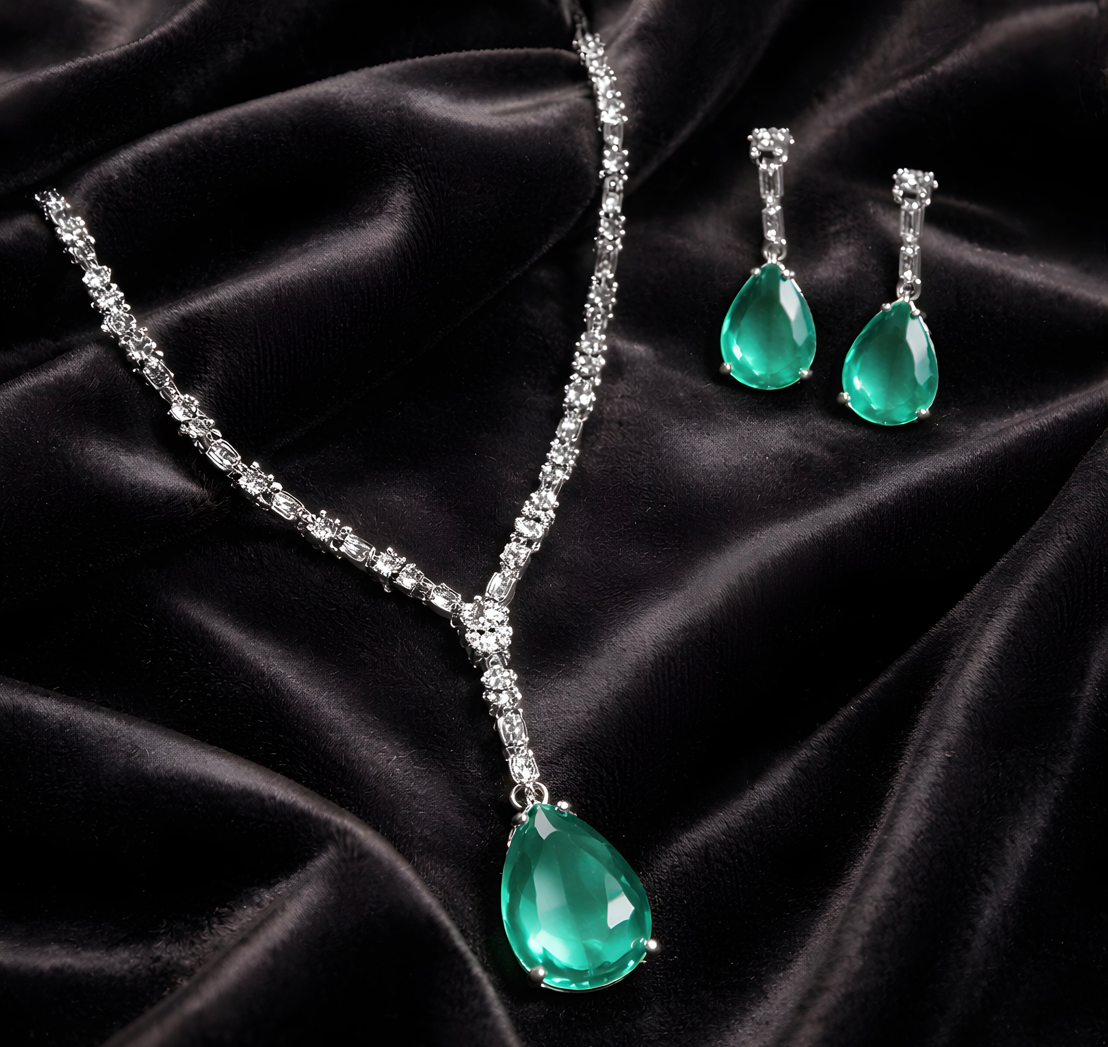 Silver-Plated Green American Diamond-Studded Jewellery Set